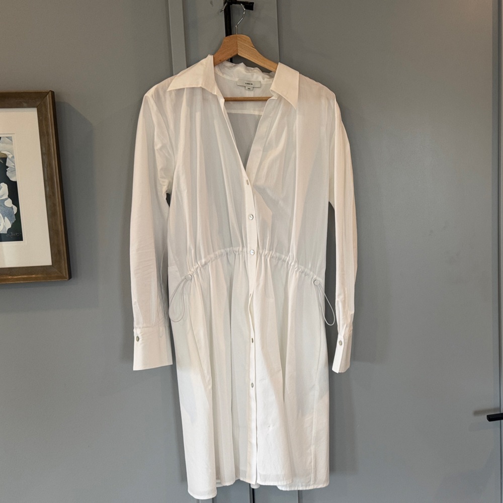 Vince Cotton Drawcord Ruched Shirt Dress (Optic White)